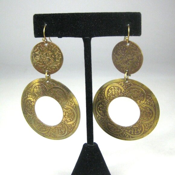 Earring Pierced 3 in Jewelry Dangle Brasstone Hammered Texture Boho Statement - Picture 1 of 5